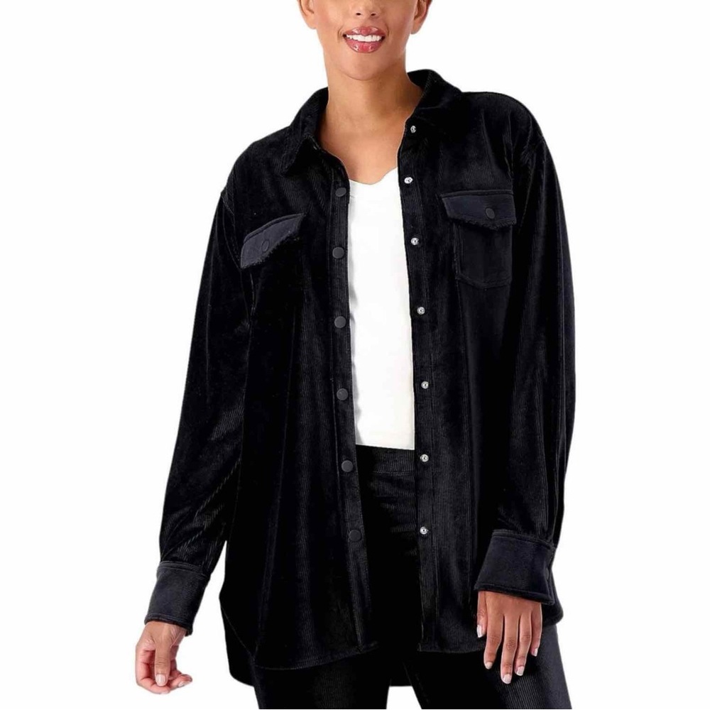 Isaac Mizrahi SoHo Shirt Jacket Women XL Black Ribbed Velour‎ Oversized Shacket